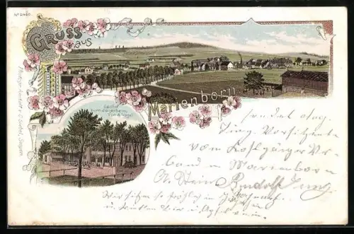 Lithographie Marienborn / Siegen, Gesamtansicht, Gasthof zum Jägerheim, Inh. A. Vogel