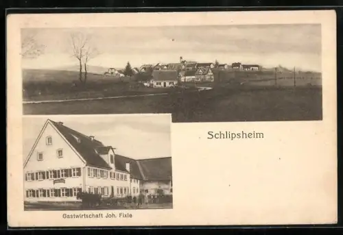 AK Schlipsheim, Ortsansicht, Gasthaus Joh. Fixle