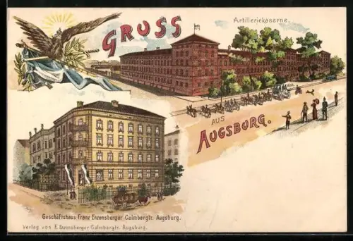 Lithographie Augsburg, Artilleriekaserne, Geschäftshaus Franz Enzensberger