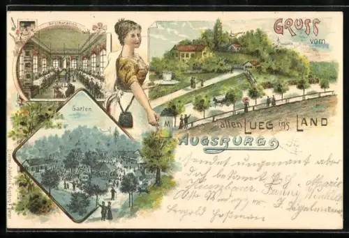 Lithographie Augsburg, Restaurant Lueg ins Land, Garten, Aussicht