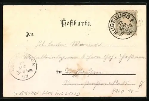 Lithographie Augsburg, Restaurant Lueg ins Land, Garten, Aussicht