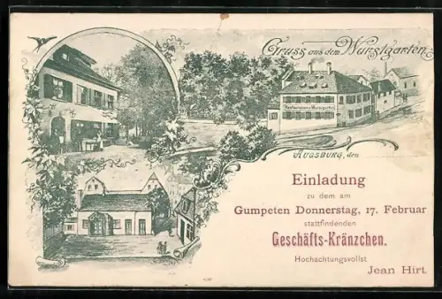 AK Augsburg, Restaurant Wurstgarten, Einladung zum Geschäfts-Kränzchen am Gumpeten Donnerstag