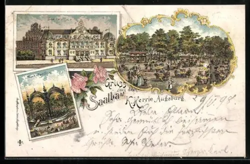 Lithographie Augsburg, Restaurant Saalbau, Bes. K. Herrle, Kgl. Kaserne, Kur-Pavillon
