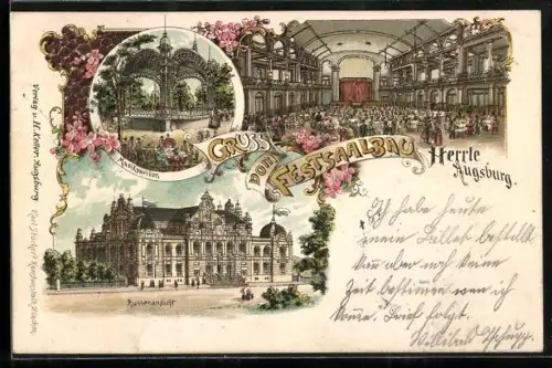 Lithographie Augsburg, Festsaalbau Herrle, Aussenansicht, Konzertsaal, Gartenpavillon