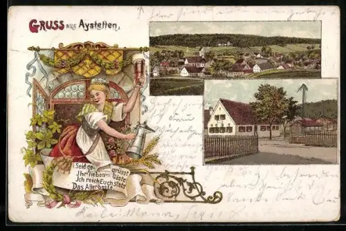Lithographie Aystetten, Ortsansicht und Gasthaus