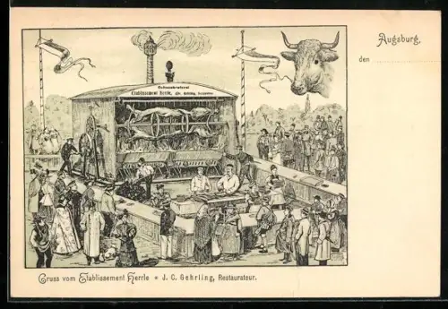 Lithographie Augsburg, Gasthaus Hertle, Ochsenbraterei, J. C. Gehrling