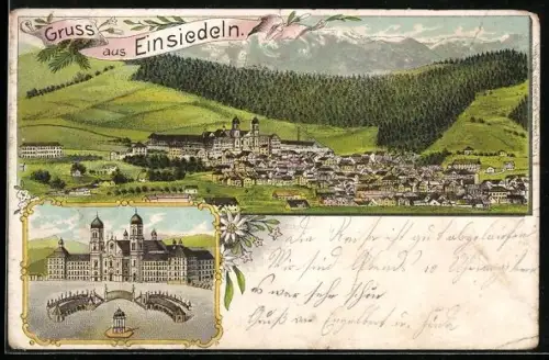 Lithographie Einsiedeln, Gesamtansicht, Kloster