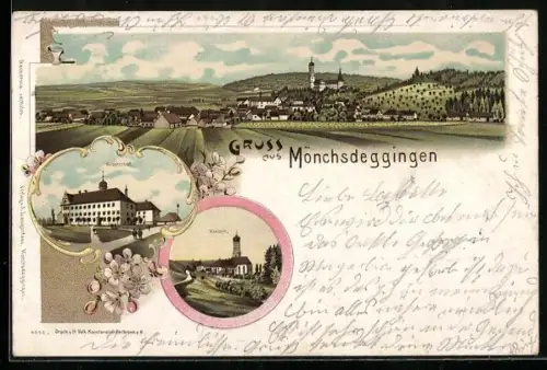 Lithographie Mönchsdeggingen, Gesamtansicht, Schloss, Klosterhof