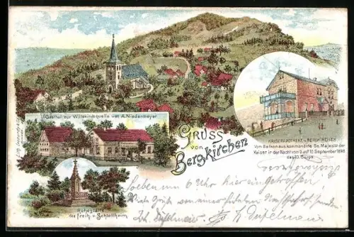 Lithographie Bergkirchen / Bad Oeynhausen, Kirche, Gasthof zur Wilhelmsquelle von A. Niedermeyer