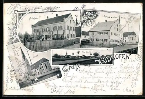 AK Waidhofen, Gasthaus zum alten Wirth, Kirche, Schulhaus, Totalansicht