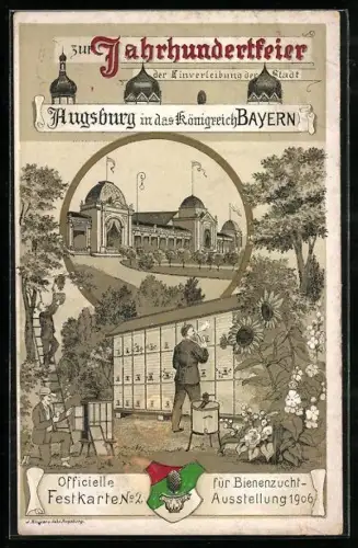 Lithographie Augsburg, Bienenzucht-Ausstellung 1906, Imker am Bienenstock