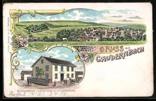 Lithographie Gaudernbach, Restaurant von Philipp Müller und Totalansicht