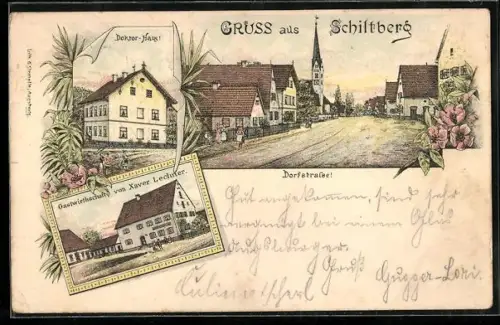 Lithographie Schiltberg, Gasthaus von Xaver Lechner, Doktor-Haus, Strassenpartie