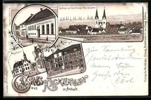 Lithographie Hecklingen in Anhalt, Gasthof zum deutschen Hause, Rathaus, Schloss und Kirche