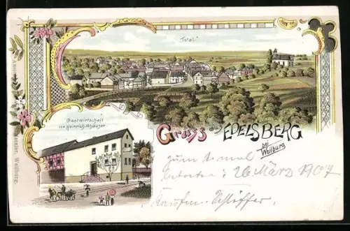 Lithographie Edelsberg bei Weilburg, Gasthaus von Heinrich Ahäuser und Totalansicht