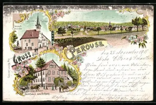 Lithographie Perouse, Gasthaus zum Ochsen, Kirche und Pfarrhaus