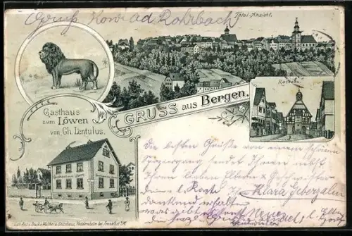 Lithographie Bergen / Maintal, Gasthaus zum Löwen, Rathaus, Ortsansicht