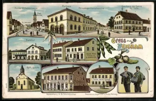 Lithographie Zeiskam, Kaiser-Wilhelmstrasse mit Prot. Kirche, Rathaus, Gasthaus zur Sonne, Bahnhof, Schulhaus