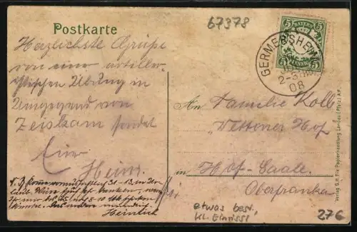 Lithographie Zeiskam, Kaiser-Wilhelmstrasse mit Prot. Kirche, Rathaus, Gasthaus zur Sonne, Bahnhof, Schulhaus