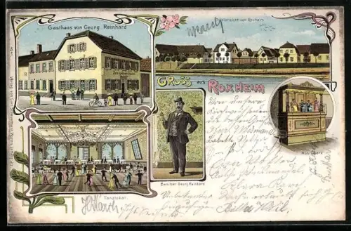 Lithographie Roxheim / Pfalz, Gasthaus von Georg Reinhard, Totalansicht, Musikwerk