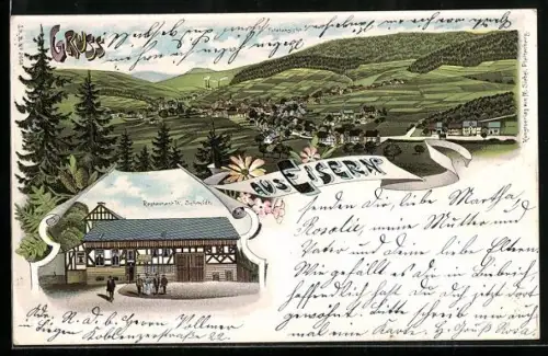 Lithographie Eisern, Restaurant W. Schmidt, Totalansicht