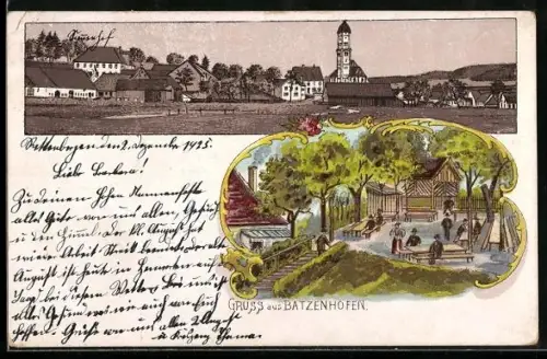Lithographie Batzenhofen, Panorama und Terrasse einer Gaststätte