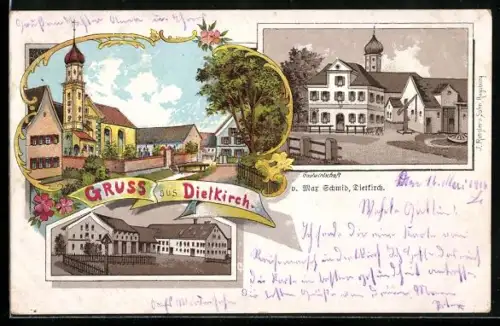 Lithographie Dietkirch, Strasse mit Kirche und Denkmal, Dorfansicht