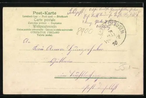 Lithographie Dietkirch, Strasse mit Kirche und Denkmal, Dorfansicht