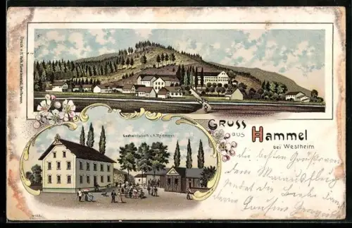 Lithographie Hammel / Augsburg, Gastwirtschaft v. A. Reitmayr, Ortsansicht