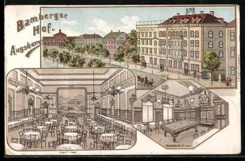 Künstler-AK Augsburg, Bamberger Hof, Innenansichten Conzert-Saal und Gesellschafts-Zimmer