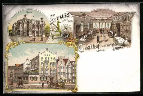 Lithographie Augsburg, Gasthof zum weissen Lamm, Theater