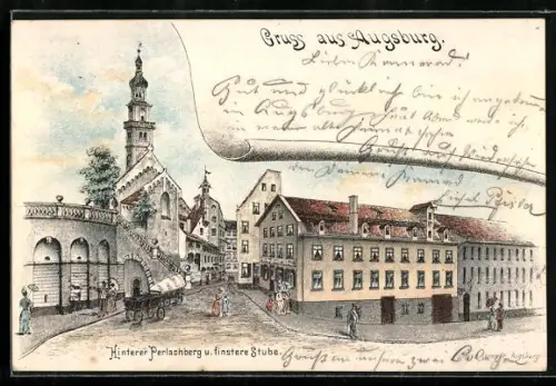 Lithographie Augsburg, Hinterer Perlachberg und finstere Stube