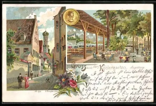 Lithographie Augsburg, Restaurant Kohlergarten, Strassenpartie