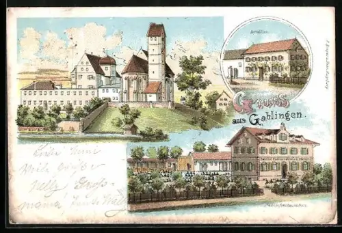 Lithographie Gablingen, Bahnhofs-Restaurant, Expedition, Kirche
