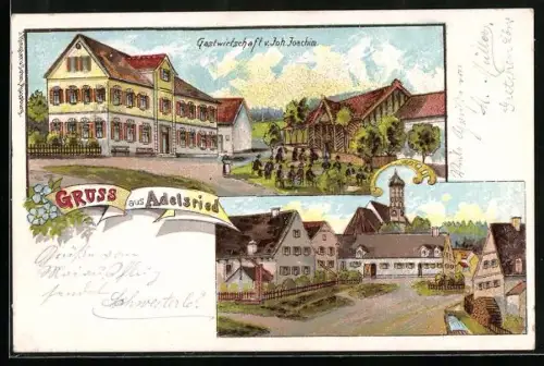 Lithographie Adelsried / Augsburg, Gastwirtschaft von Joh. Joachim, Ortspartie