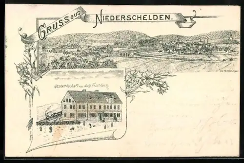 Künstler-AK Niederschelden, Gasthaus von Aug. Fischbach, Totalansicht