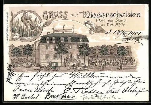 Lithographie Niederschelden, Hotel zum Storch, Bes. F. W. Utsch
