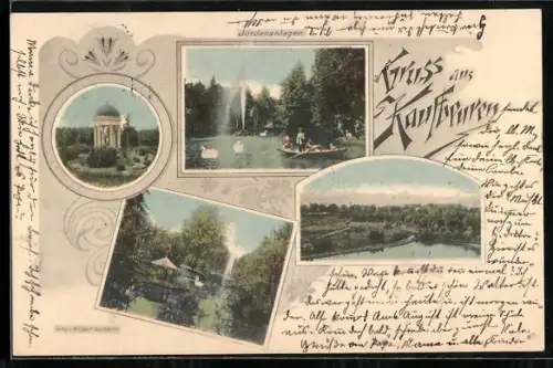 AK Kaufbeuren, Partie im Park, Teich mit Fontäne, Rundtempel