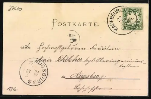 AK Kaufbeuren, Partie im Park, Teich mit Fontäne, Rundtempel