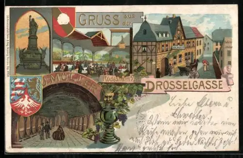 Lithographie Rüdesheim a. Rhein, Drosselgasse, Denkmal