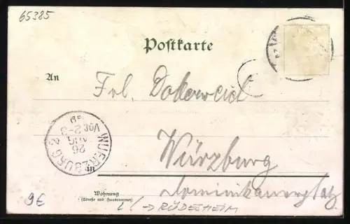 Lithographie Rüdesheim a. Rhein, Drosselgasse, Denkmal