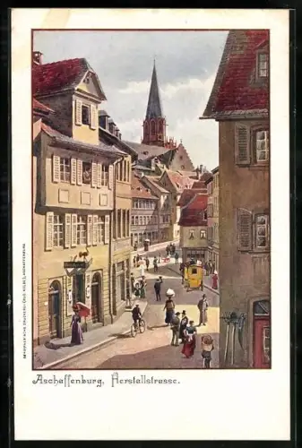 Künstler-AK Aschaffenburg, Geschäftige Herstallstrasse