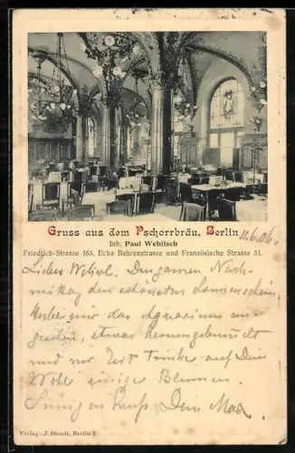 AK Berlin, Innenansicht vom Restaurant Pschorrbräu, Inh. Paul Wehlisch, Friedrich-Strasse 165 Ecke Behrenstrasse