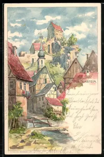 Lithographie Pottenstein, Ortspartie mit Blick auf die Burg