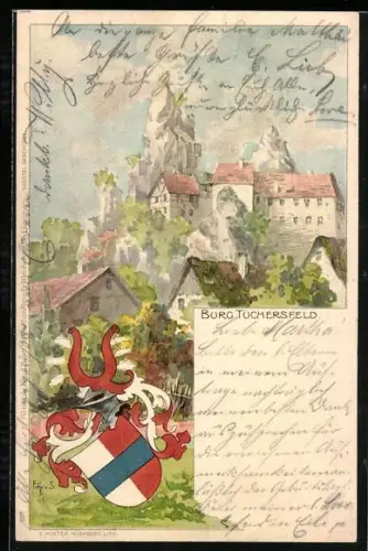 Lithographie Tüchersfeld, Blick auf Burg Tüchersfeld, Wappen