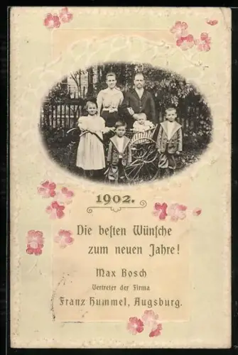 AK Augsburg, Familie mit vier Kindern, Glückwünsche zum neuen Jahr 1902, Vertreter der Firma Franz Hummel