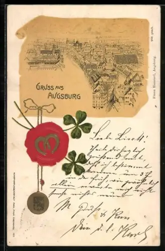 Lithographie Augsburg, Ortsansicht, Wachssiegel, Kleeblatt