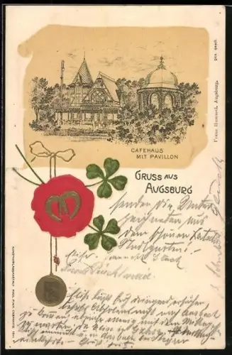 AK Augsburg, Cafehaus mit Pavillon, Vieblättrige Kleeblätter und Siegel