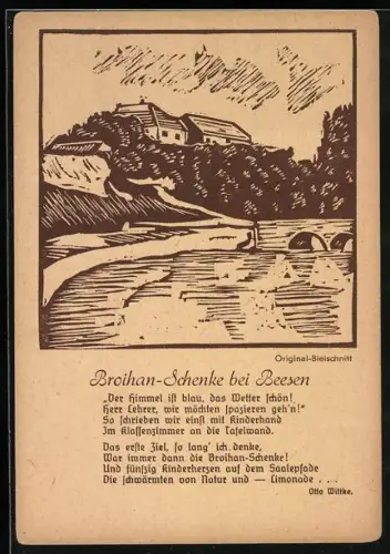Künstler-AK Beesen / Elster, Restaurant Broihan-Schenke, Bogenbrücke über den Fluss
