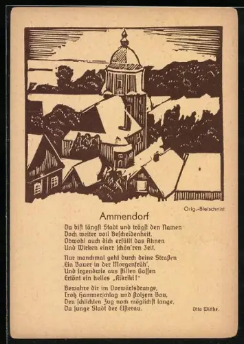Künstler-AK Ammendorf, Teilansicht mit Kirche, Bleischnitt